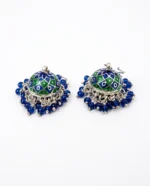 Intricate Blue Meenakari Enamel Jhumka Earrings in Rhodium Silver