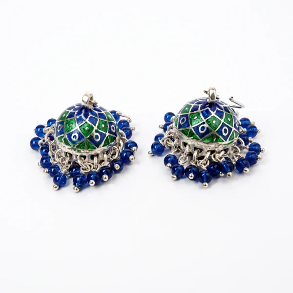 Intricate Blue Meenakari Enamel Jhumka Earrings in Rhodium Silver
