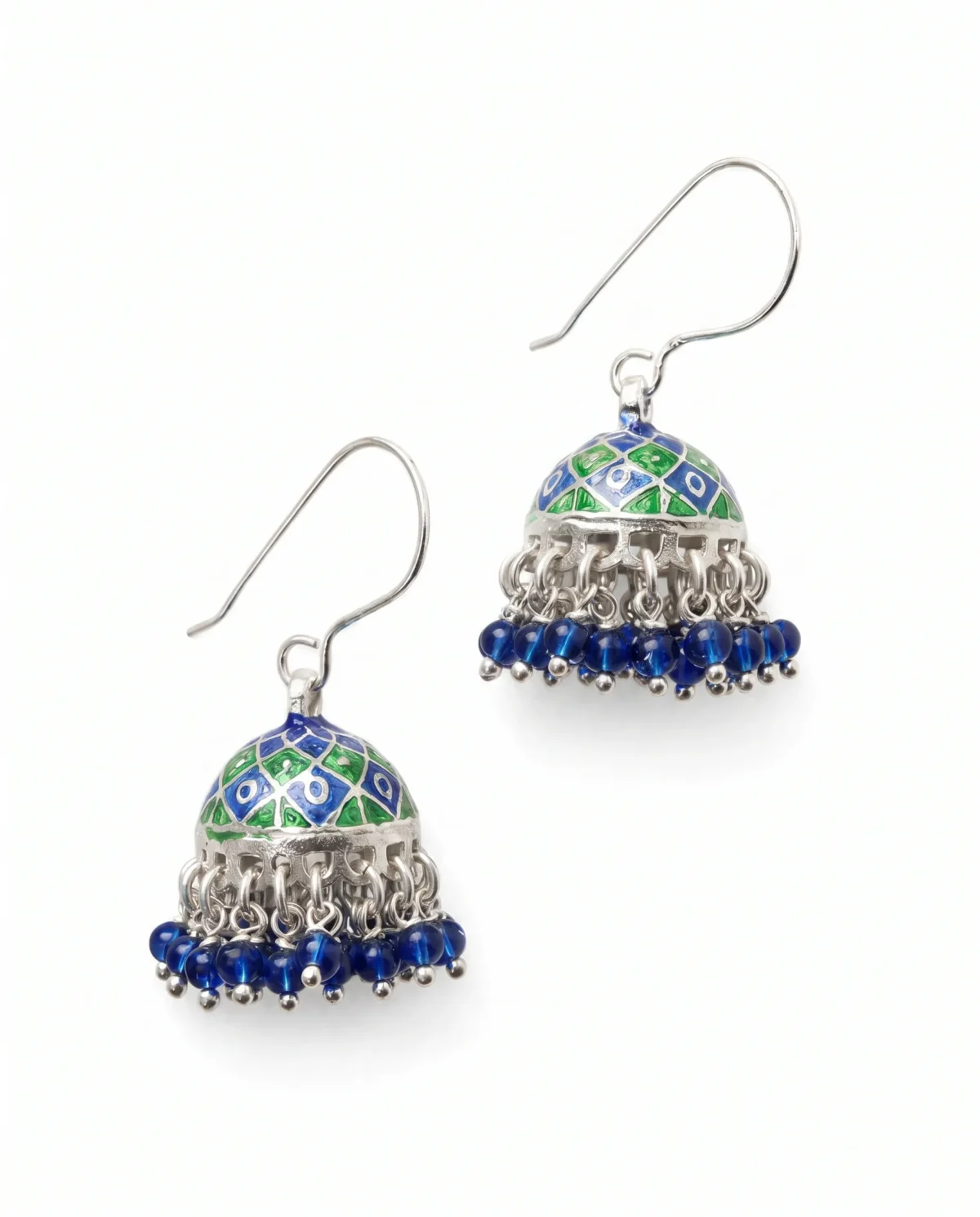 Intricate Blue Meenakari Enamel Jhumka Earrings in Rhodium Silver - Image 2