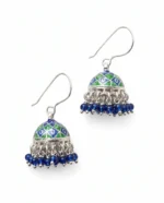 Intricate Blue Meenakari Enamel Jhumka Earrings in Rhodium Silver - Image 2