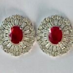 Ruby Red Center Round Halo Stud Earrings in Rhodium Silver