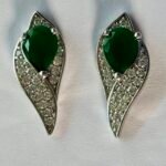 Emerald Green Teardrop Halo Stud Earrings in Rhodium Silver