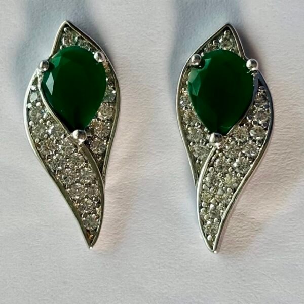 Emerald Green Teardrop Halo Stud Earrings in Rhodium Silver