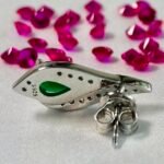 Emerald Green Teardrop Halo Stud Earrings in Rhodium Silver - Image 3