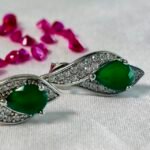 Emerald Green Teardrop Halo Stud Earrings in Rhodium Silver - Image 2
