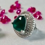 Shield Cut Green Stone Halo Stud Earrings in Rhodium Silver - Image 2