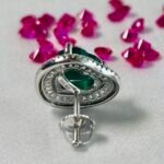 Shield Cut Green Stone Halo Stud Earrings in Rhodium Silver - Image 3