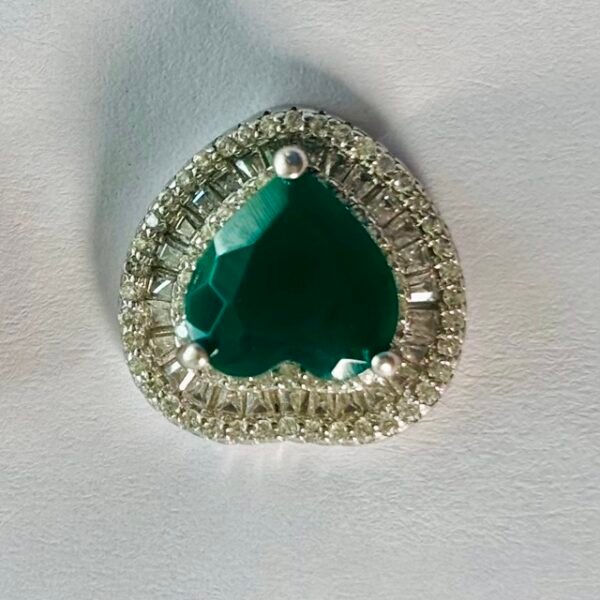 Shield Cut Green Stone Halo Stud Earrings in Rhodium Silver
