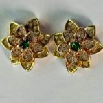 Starburst Floral Green Center Studs in Rhodium Silver