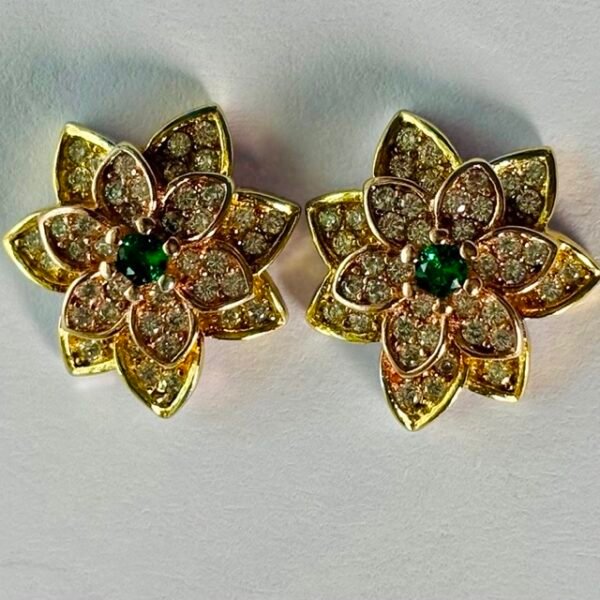 Starburst Floral Green Center Studs in Rhodium Silver