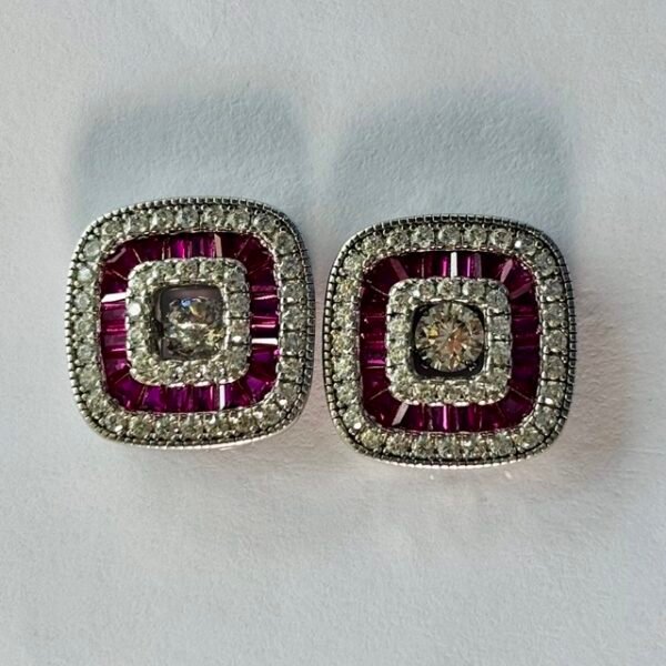 Geometric Square Pink Stone Halo Studs in Rhodium Silver