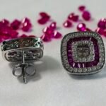 Geometric Square Pink Stone Halo Studs in Rhodium Silver - Image 3