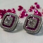Geometric Square Pink Stone Halo Studs in Rhodium Silver - Image 2
