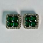 Quad Green Stone Rectangle Halo Studs in Rhodium Silver