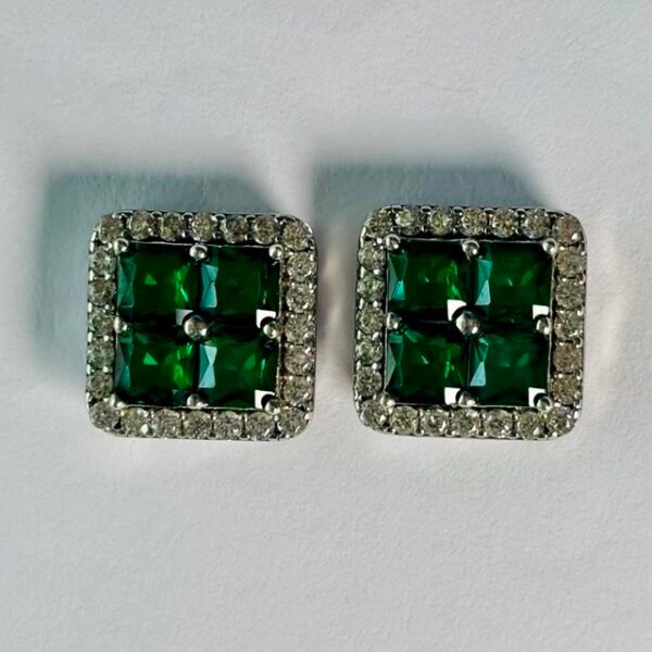 Quad Green Stone Rectangle Halo Studs in Rhodium Silver