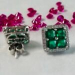 Quad Green Stone Rectangle Halo Studs in Rhodium Silver - Image 3