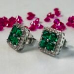 Quad Green Stone Rectangle Halo Studs in Rhodium Silver - Image 2