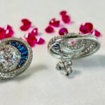 Oval Blue Stone Pave Halo Stud Earrings in Rhodium Silver - Image 3