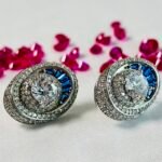 Oval Blue Stone Pave Halo Stud Earrings in Rhodium Silver - Image 2