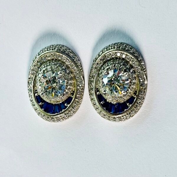 Oval Blue Stone Pave Halo Stud Earrings in Rhodium Silver