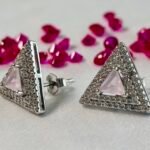 Geometric Triangle Pave CZ Stud Earrings in Rhodium Silver - Image 2