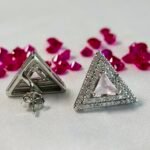 Geometric Triangle Pave CZ Stud Earrings in Rhodium Silver - Image 3
