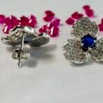 Three-Petal Flower Blue Center Studs in Rhodium Silver - Image 3