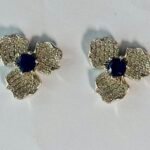 Three-Petal Flower Blue Center Studs in Rhodium Silver