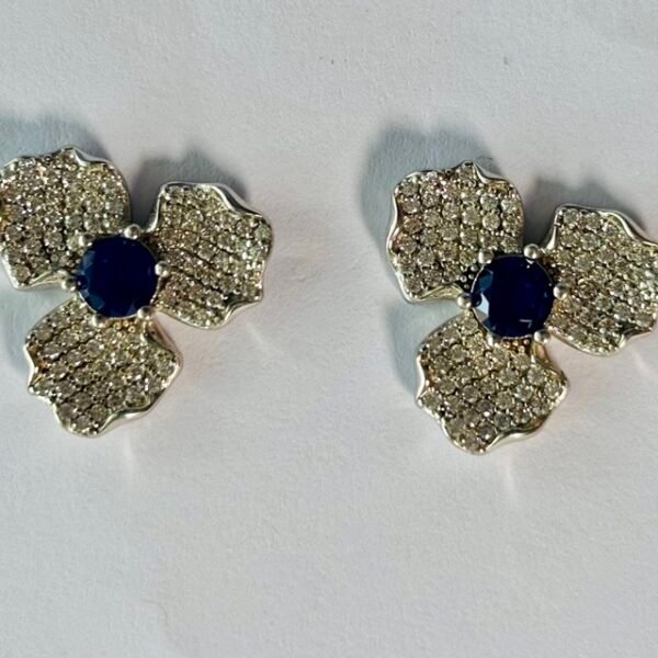 Three-Petal Flower Blue Center Studs in Rhodium Silver
