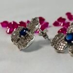 Three-Petal Flower Blue Center Studs in Rhodium Silver - Image 2