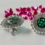 Double Halo Green Stone Pear Stud Earrings in Rhodium Silver - Image 3