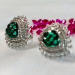 Double Halo Green Stone Pear Stud Earrings in Rhodium Silver - Image 2