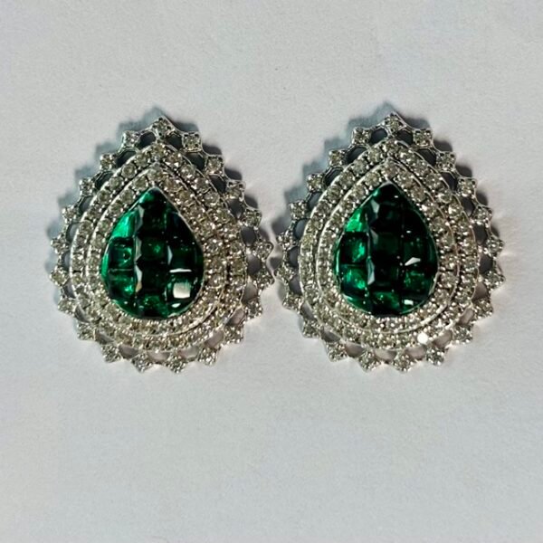 Double Halo Green Stone Pear Stud Earrings in Rhodium Silver