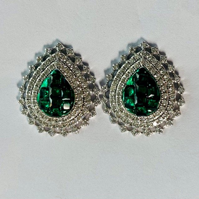TPS-BSS-014-3 Double Halo Green Stone Pear Stud Earrings in Rhodium Silver - Image 1