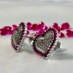 Pink Halo Heart Shaped CZ Stud Earrings in Rhodium Silver - Image 2