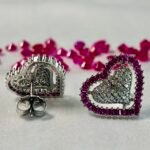 Pink Halo Heart Shaped CZ Stud Earrings in Rhodium Silver - Image 3