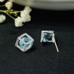 Radiant Aquamarine Cube CZ Earrings in Rhodium Silver - Image 2