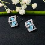 Radiant Aquamarine Cube CZ Earrings in Rhodium Silver - Image 3