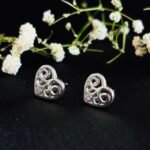 Filigree Heart CZ Stud Earrings in Rhodium Silver - Image 2