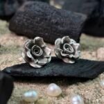 3D Rose Flower Stud Earrings in Rhodium Silver - Image 2