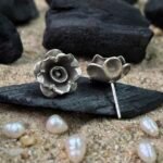 3D Rose Flower Stud Earrings in Rhodium Silver - Image 3