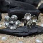 Textured Floral Stud Earrings in Rhodium Silver - Image 3