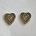 Engraved Heart Stud Earrings in Rhodium Silver