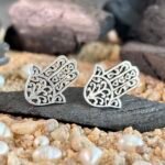 Hamsa Hand Stud Earrings in Rhodium Silver - Image 2