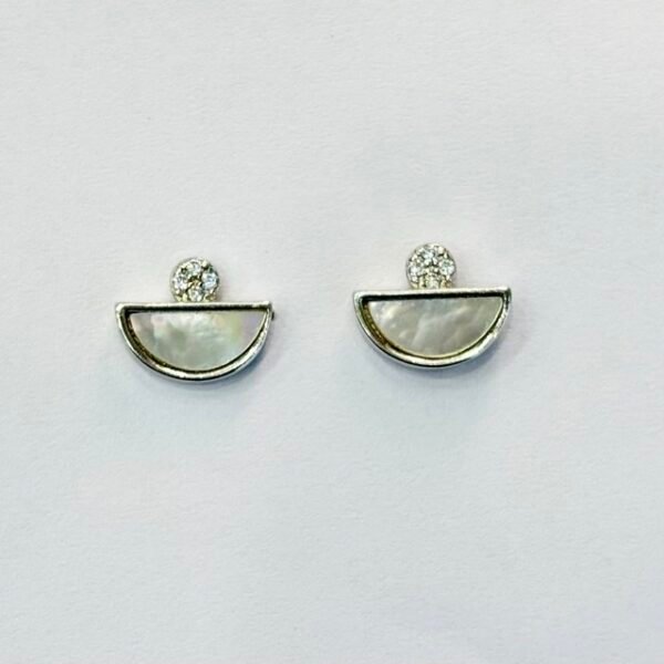 Half Moon Mother of Pearl and CZ Studs in Rhodium Silver