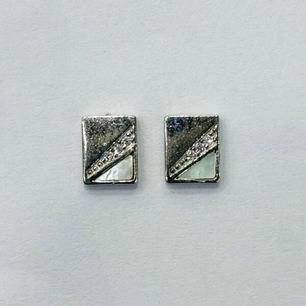 Diagonal Split Rectangle Mother of Pearl Studs in Rhodium Silver