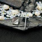 Diagonal Split Rectangle Mother of Pearl Studs in Rhodium Silver - Image 3