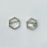 Geometric Hexagon Mother of Pearl Stud Earrings in Rhodium Silver
