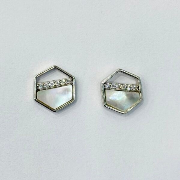 Geometric Hexagon Mother of Pearl Stud Earrings in Rhodium Silver