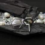 Geometric Hexagon Mother of Pearl Stud Earrings in Rhodium Silver - Image 3